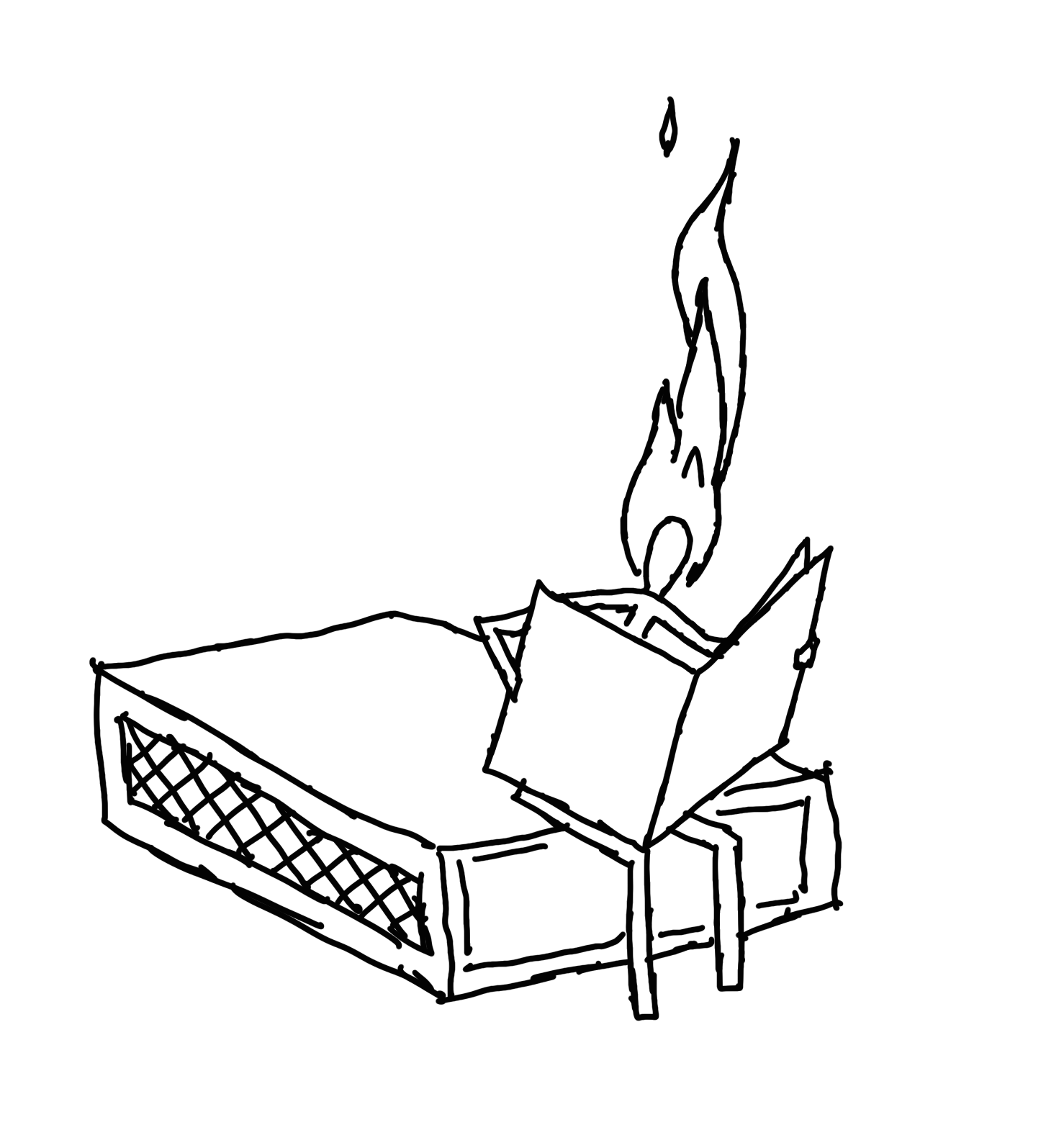 Line illustration of a matchbook lit and reading a book